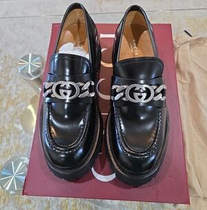 Gucci Black Leather GG Chain Loafers with Silver Hardware